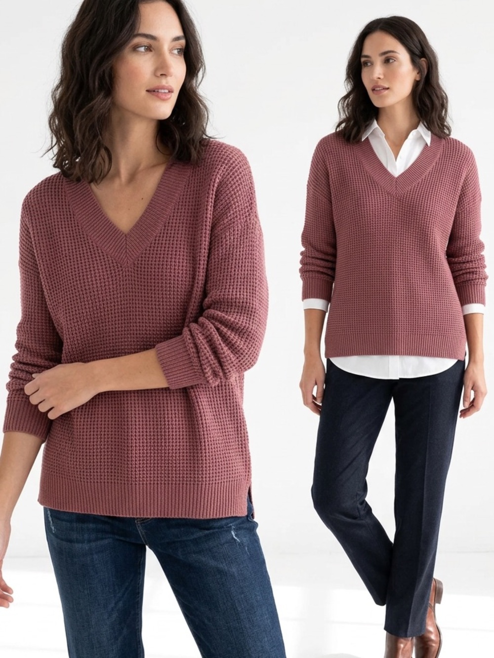 Kersh Merino Wool Blend V-Neck Knit Sweater - Dusty Rose Size Large